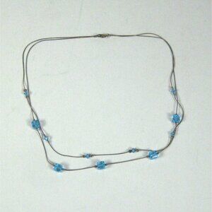 Vintage 2 Strand Blue Glass Beaded Station Choker Necklace Silver Tone Chain